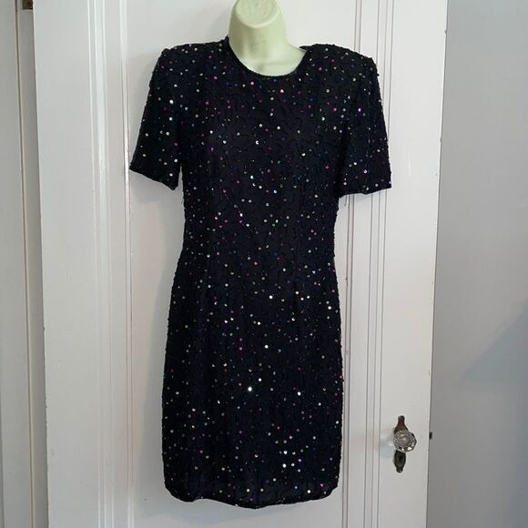 Vtg 80s Stenay black silk party dress/black beads/multi colored spangles/sequins - Picture 1 of 10